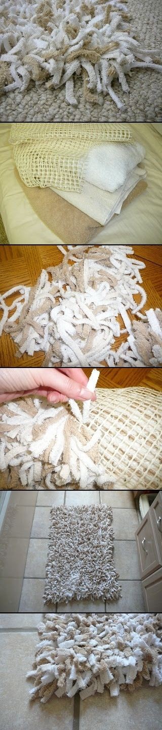 2. Riciclate asciugamani rovinati riducendoli in striscette da annodare su una rete