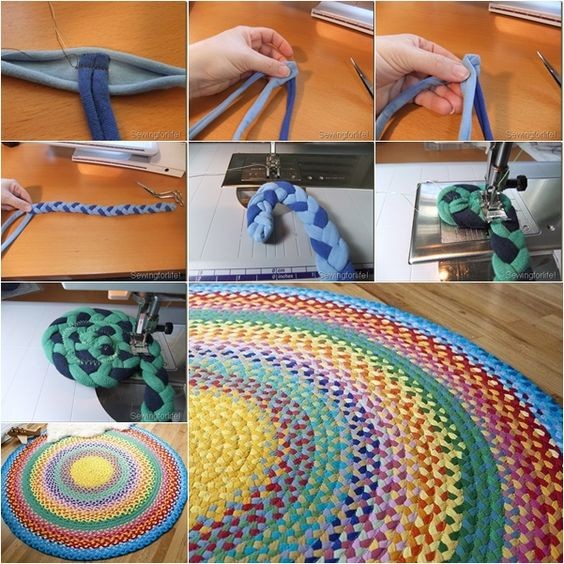 8. Dopo aver creato una serie di trecce con gli scampoli di stoffa, usate la macchina da cucire per unirle insieme in una spirale che va a formare un grande cerchio piatto