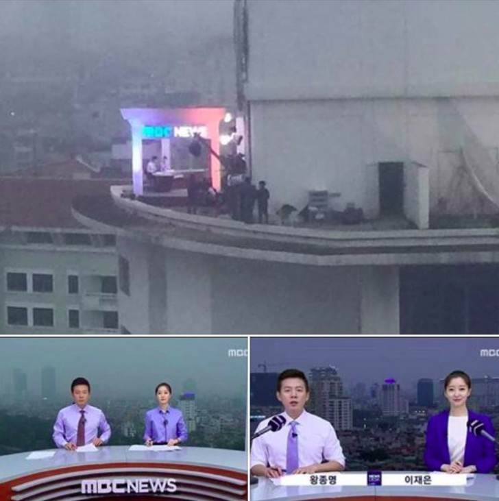 Un journal télévisé qui retransmet directement du haut d'un gratte-ciel, et non devant un écran vert
