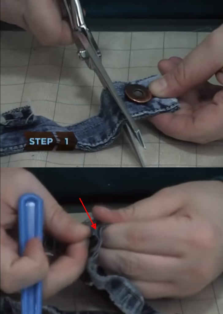 1. Verwijder de knopen van de stukken spijkerbroek en open de naden om meer, dunnere, "repen" stof te krijgen