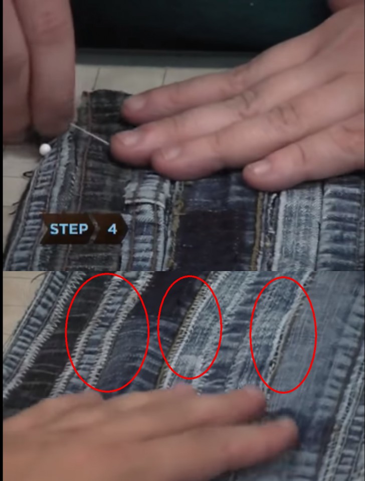 4. Fissate con gli spilli i vari pezzi di jeans e poi cucite piano piano ogni striscia con cucitura a zig zag