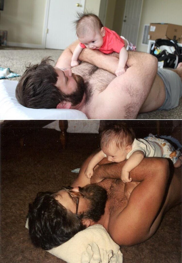 Mi hijo y yo en 1988, a la derecha, mi hijo con mi nieto, ¡exactamente 30 años después!