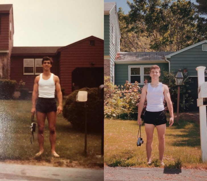 Ho ricreato una vecchia foto di mio padre nel 1980 (a sinistra): praticamente uguali!