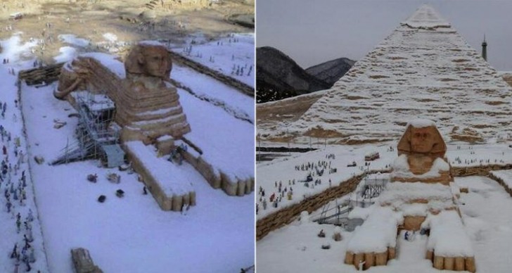 2. Dicevano che questa fosse la sfinge egiziana ricoperta di neve (la prima nevicata in 112 anni in Nord Africa). Sebbene la foto non sia stata ritoccata, è in realtà un modellino presente ne parco tematico Tobu World Square, in Giappone.