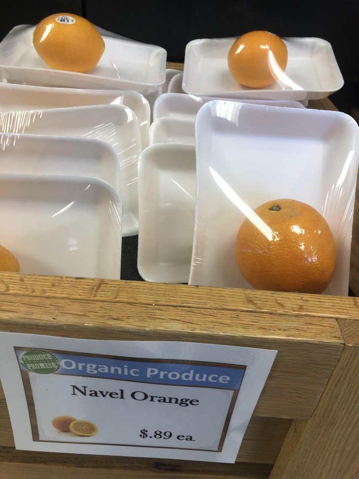 Tanti vassoi di plastica contenenti una singola arancia.