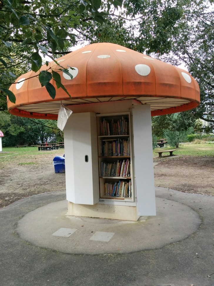 In dit speelpark staan ​​deze paddenstoelen die kinderbibliotheken huisvesten.