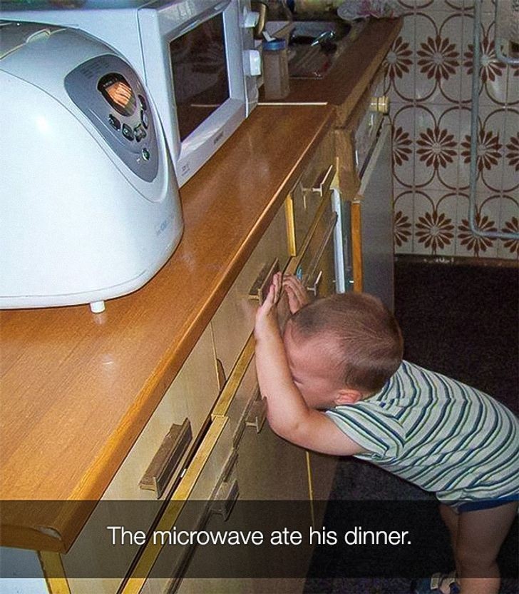 1. He is crying because "the microwave ate his lunch"