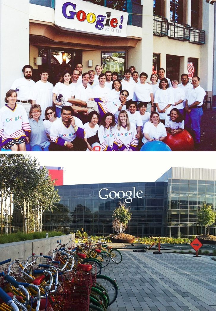 6. Il team di Google nel 1999 all'inaugurazione degli uffici VS. gli uffici di Google oggi