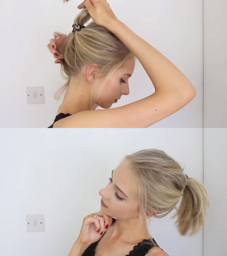 5. Doe je haar naar achteren met je handen (als je volume aan de voorkant wilt, toupeer het dan een beetje) en doe het haar in een vrij hoge staart, waarbij je een paar lokken vrijlaat. Het kortere haart in de nek, moet met haarspelden worden vastgezet naar de staart toe