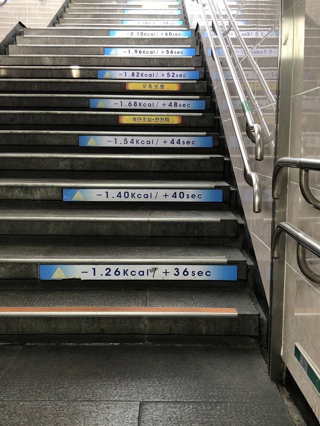 Una scalinata che ad ogni gradino indica le calorie bruciate e i secondi di vita 
