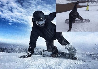 16. Snowboard-Stunts oder Standfotos mit Menschen um ihn herum, die Schnee auf ihn werfen?