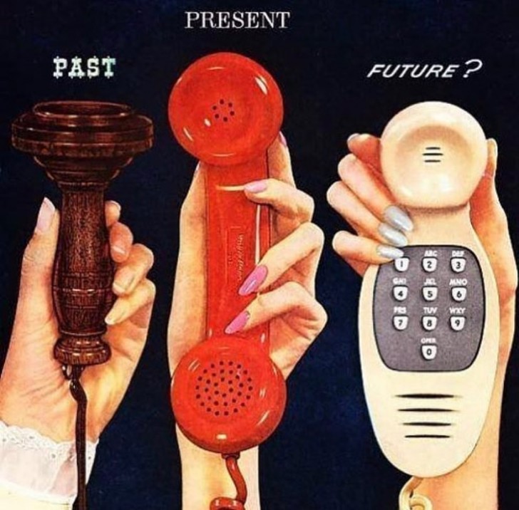 Ein Werbebild von 1956 sagt die Form von Telefonen in der Zukunft voraus: Komm schon, er hat uns erwischt!