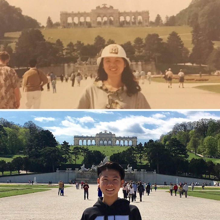Stesso posto, anni diversi: mia madre nel 1991 a Schonbrunn ed io nel 2017