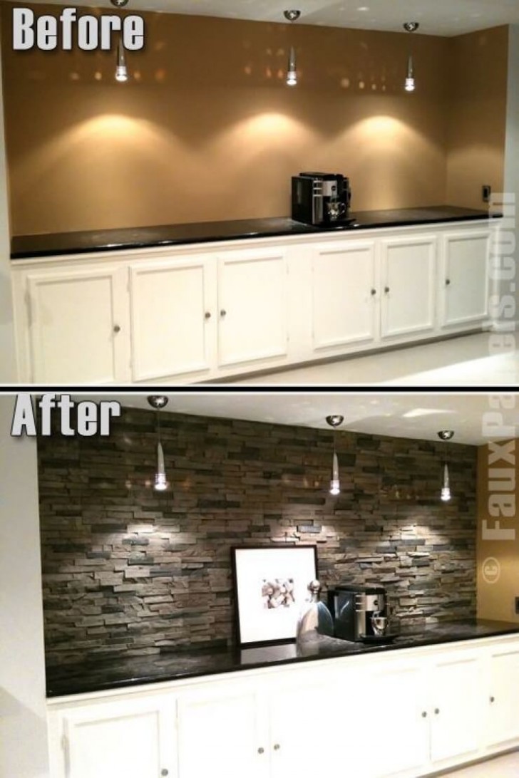 13. Die Beschichtung der Küchenwand mit vorgefertigten Steinplatten macht die Umgebung luxuriöser und komfortabler