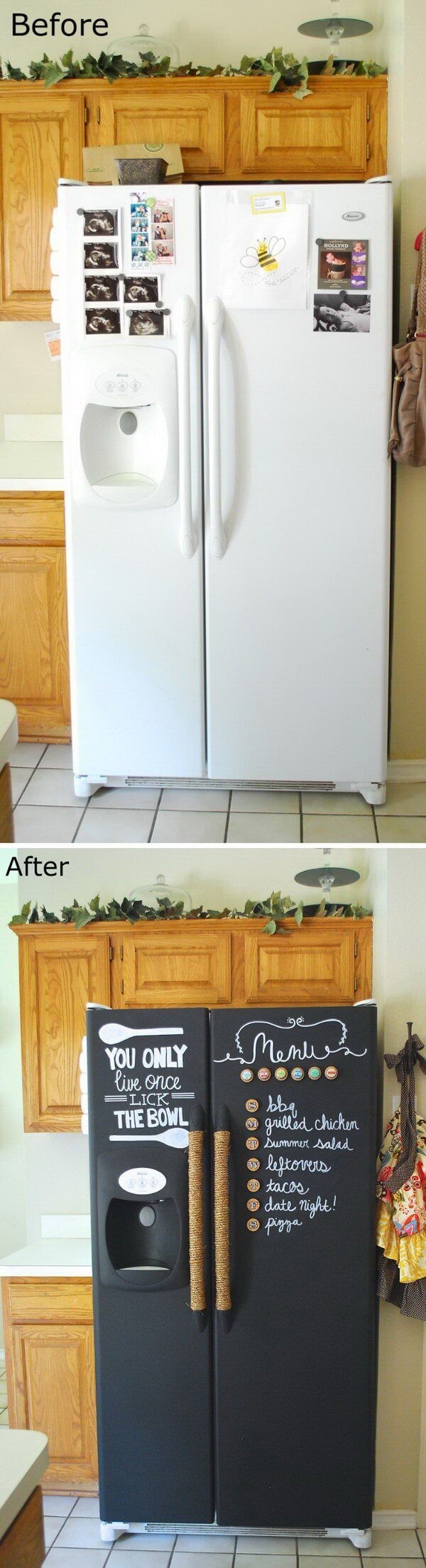 2. Ein alter Kühlschrank, der immer noch gut funktioniert, verdient eine Generalüberholung: warum nicht mit einem Tafeleffektlack?