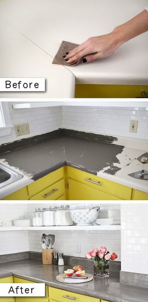 4. Haben Sie das gewöhnliche Aussehen der Küchenarbeitsplatten satt? Man kann sie mit Zement verwandeln!