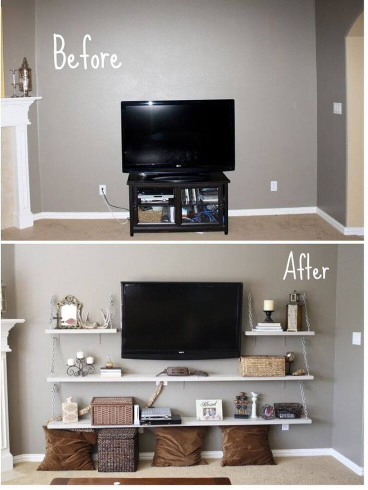 9. Die Wohnzimmerwand ist zu leer, aber ist es nicht trotzdem notwendig, Möbel zu kaufen, um sie auszustatten? Mit Regalen finden Sie den idealen Kompromiss!