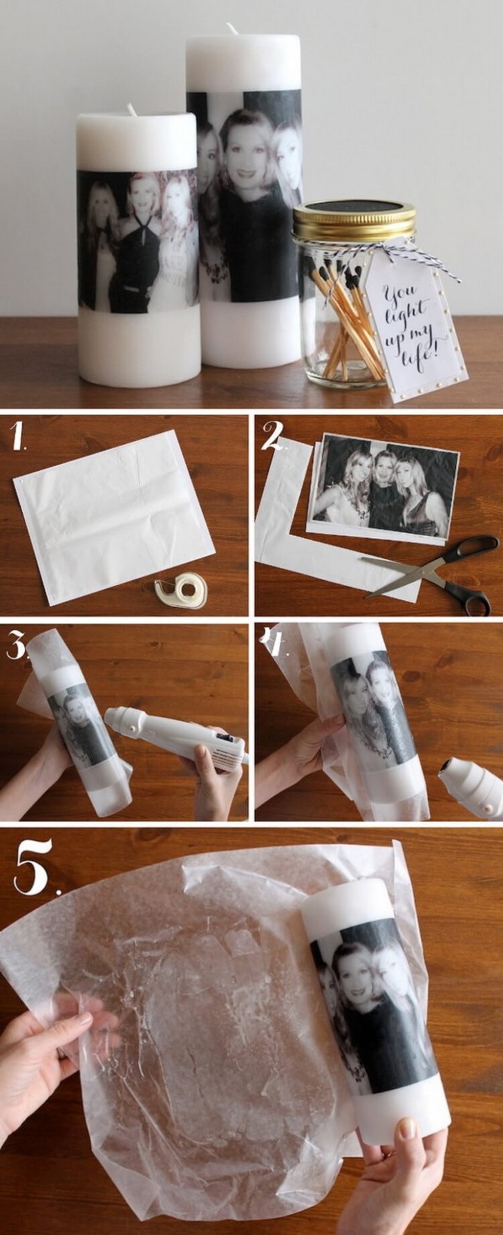 2. Stampate una foto su carta velina (fissata a un foglio normale), poi copritela con carta forno e usate una pistola termica (o asciugacapelli) per trasferire l'immagine sulla cera