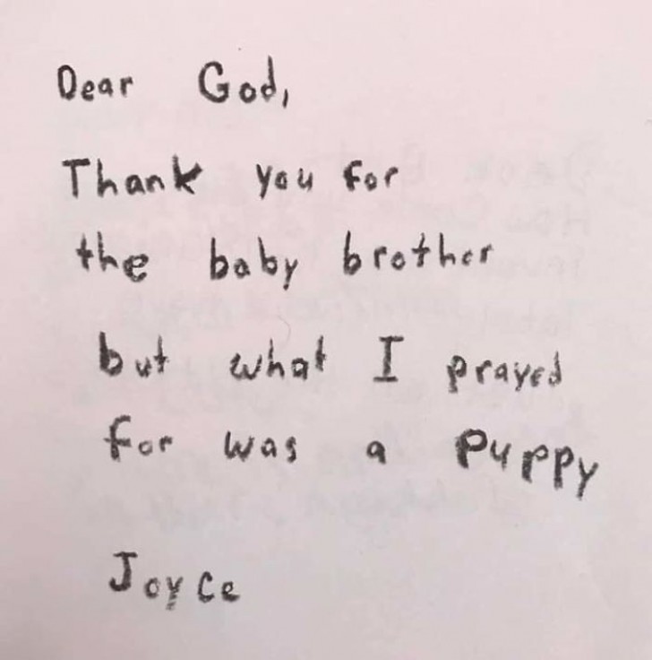 1. "Lieve God, bedankt voor mijn broertje, maar ik had eigenlijk gebeden voor een hond. Joyce"