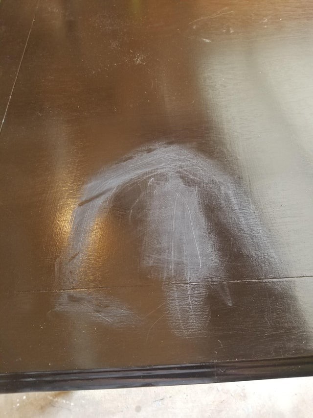 7. I had sanded and polished this piece of furniture for hours: I only had to walk away for 30 seconds to fetch a glass of water and my son found the sandpaper. This is the result.