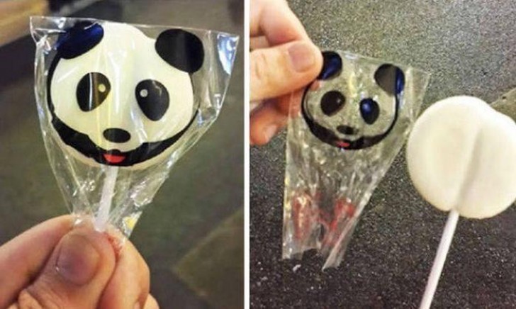 Ein pandaförmiger Lolli, der sich als nur der Aufdruck auf der Kunststoffverpackung herausstellte
