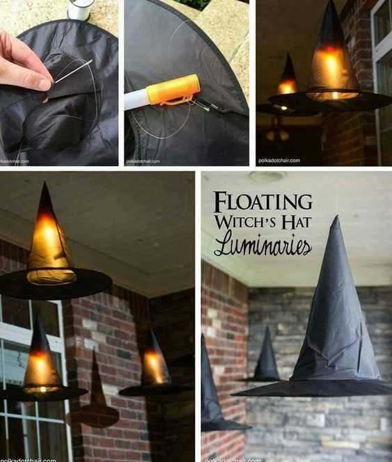 7. Inserite torce o candele elettriche nei cappelli da strega e appendeteli in giardino: sono luminarie perfette per Halloween