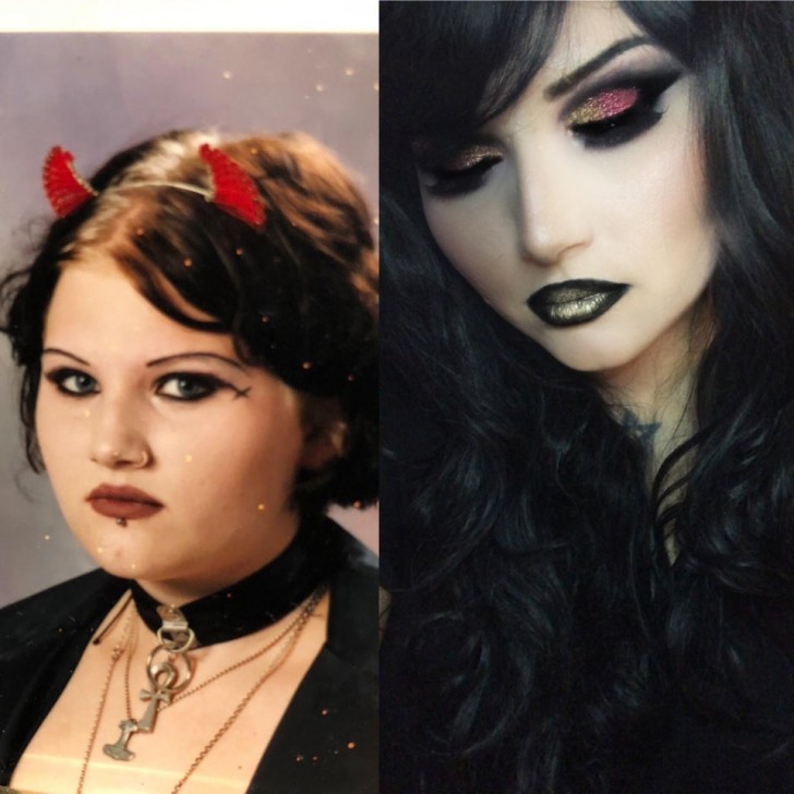 "13 et 32 ans. Je suis devenue meilleure au maquillage et ma structure osseuse s'est améliorée. Toujours gothique"