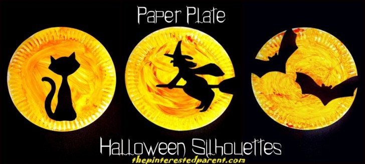 8. I piatti di carta possono diventare anche quadri spettrali: basta dipingerli di giallo e poi incollare sopra le sagome desiderate