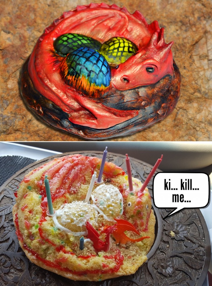 It was supposed to be an elaborate cake with a dragon crouching next to its eggs - and that's the end result!