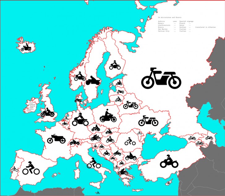 13. Come è rappresentata la motocicletta sui segnali stradali d'Europa? Se ve lo stavate chiedendo, ecco una pratica mappa!
