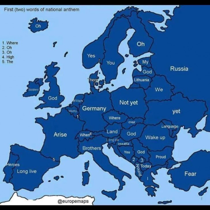 15. La carte des premiers mots de chaque hymne national de l'Europe
