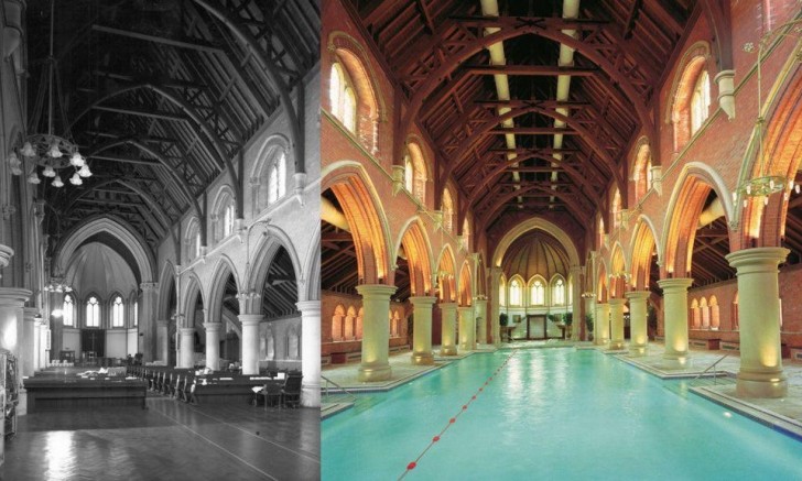 2. Die Turnhalle, in die ich gehe, wurde in den Räumlichkeiten einer alten Kirche gebaut: Das Schwimmbad befindet sich auf dem Kirchenschiff; die Beichtstühle sind jetzt Saunen