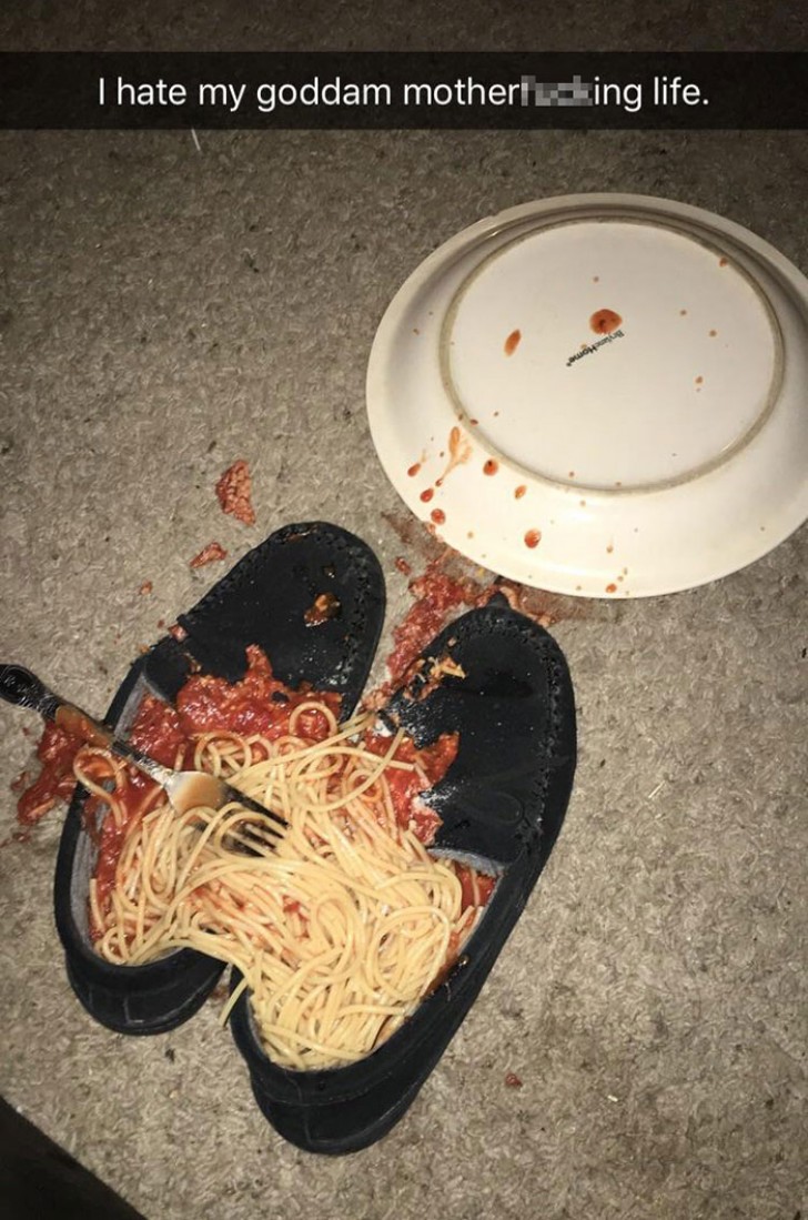The pasta and sauce fell exactly where it shouldn't have fallen ...