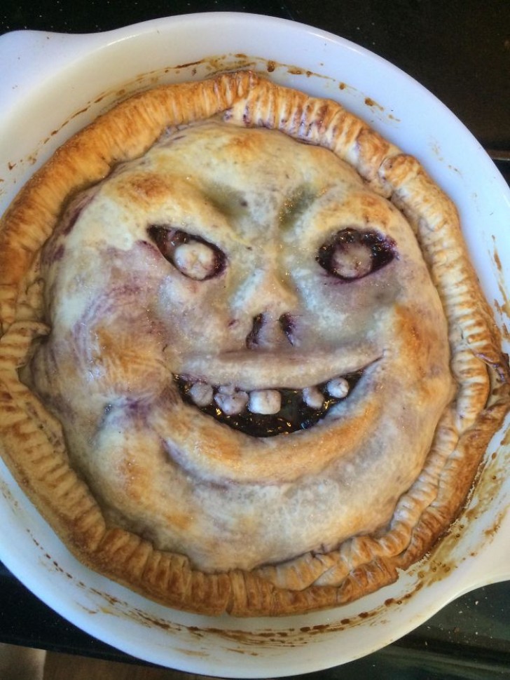 A pie that looks like something out of a horror movie.