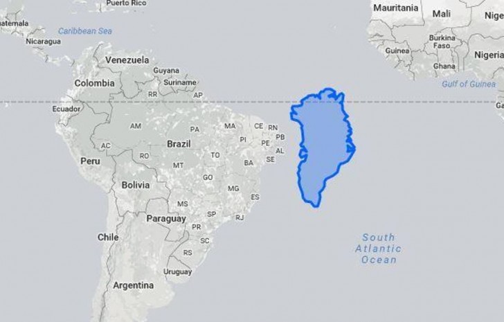 1. Groenland lijkt "enorm", maar dat is het helemaal niet wanneer het naast Latijns-Amerika wordt geplaatst