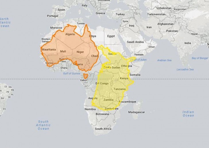 9. Dit verklaart beter dan veel woorden hoe groot Afrika is: zowel Australië als de Verenigde Staten “passen” er comfortabel in!