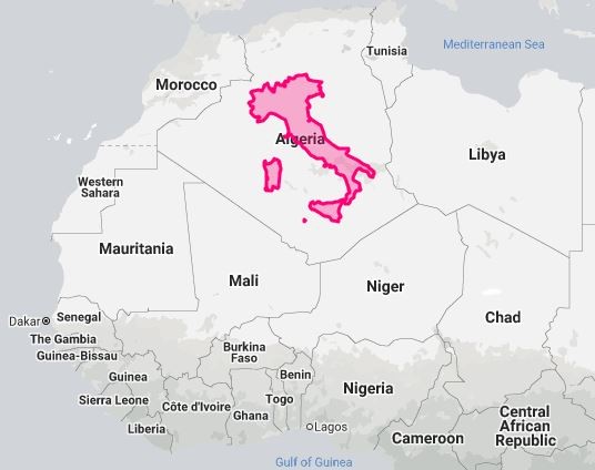 12. Se invece portiamo l'Italia in Nordafrica, ecco che viene "contenuta" comodamente dall'Algeria!