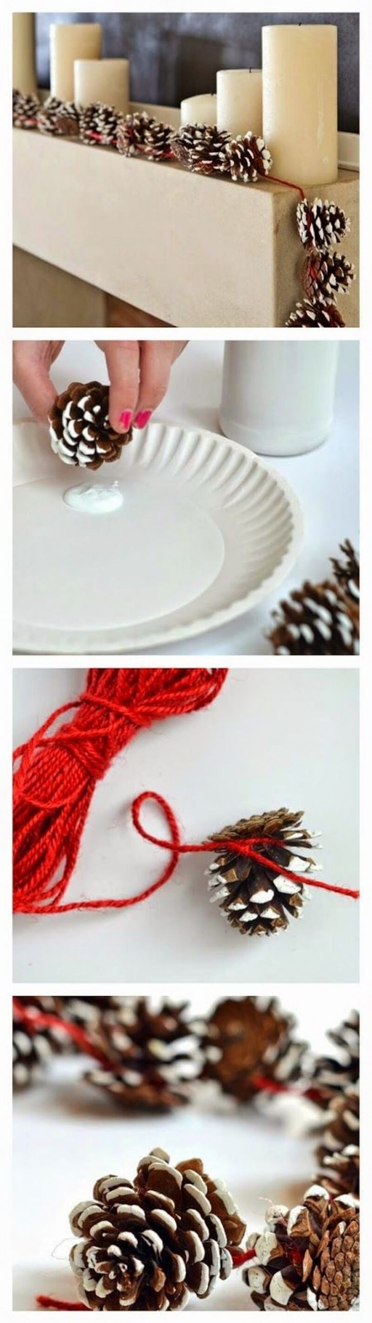 6. Une autre idée sympa pour les petites pommes de pin : peintes en blanc ou avec de la fausse neige et attachées avec un fil de laine rouge pour créer une guirlande