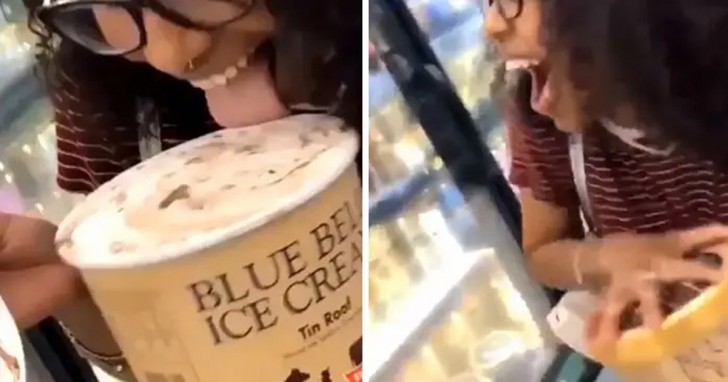 8. Après avoir "goûté" le goût de la glace, elle a remis la boîte dans le congélateur du supermarché. Une action aussi dangereuse que stupide !