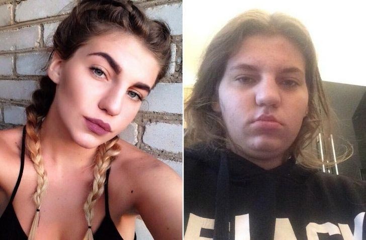 6. À direita está a foto de uma garota que provavelmente acabou de acordar, à esquerda está uma garota que descobriu como posicionar a câmera com base na luz e na maquiagem