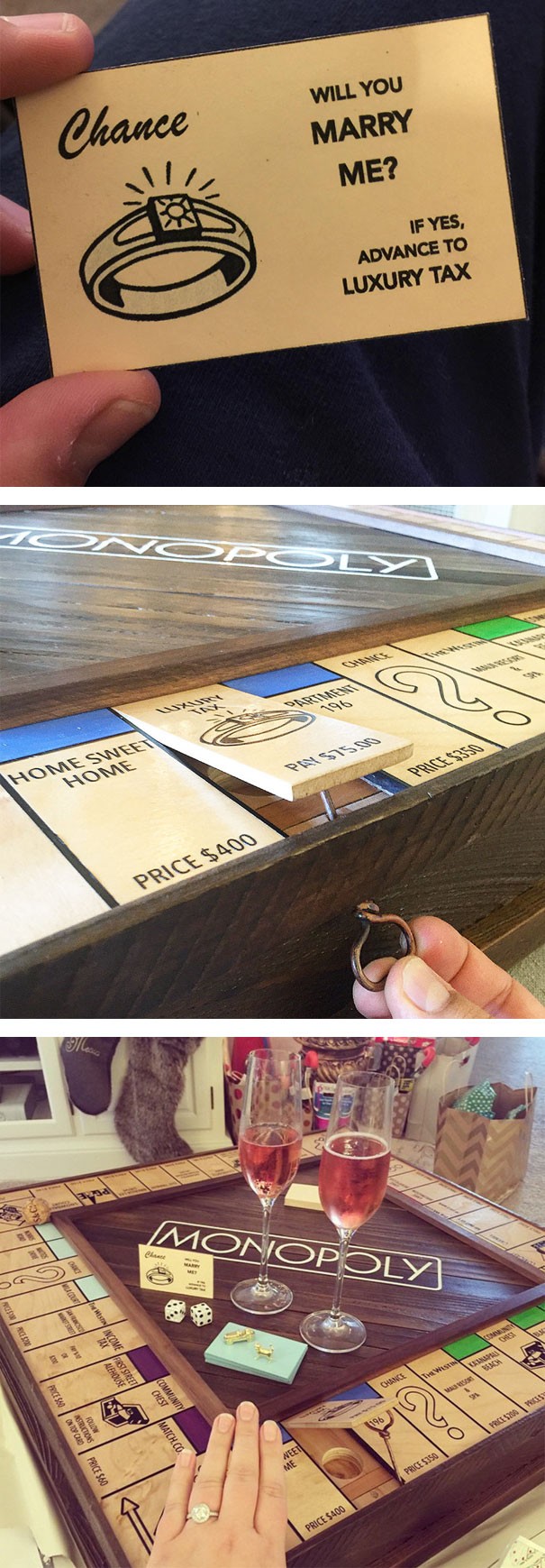 14. Un ragazzo ha costruito un Monopoli in legno come regalo per la sua ragazza e ha inserito la sua proposta di matrimonio nelle carte "Probabilità"