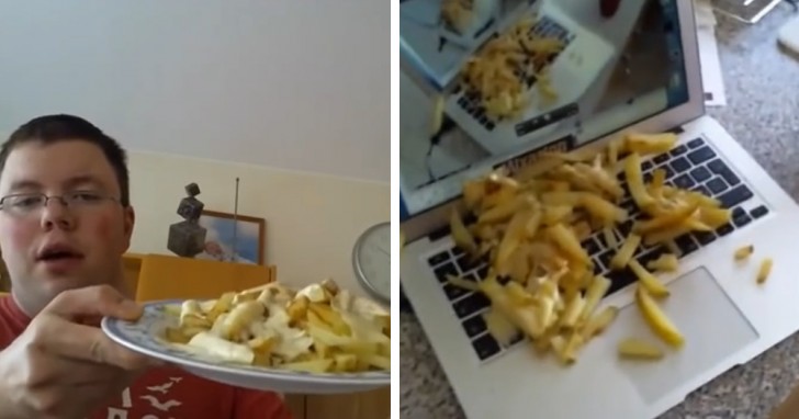 Le type montrait son assiette de déjeuner à la webcam de l'ordinateur... avant de la renverser sur le clavier.