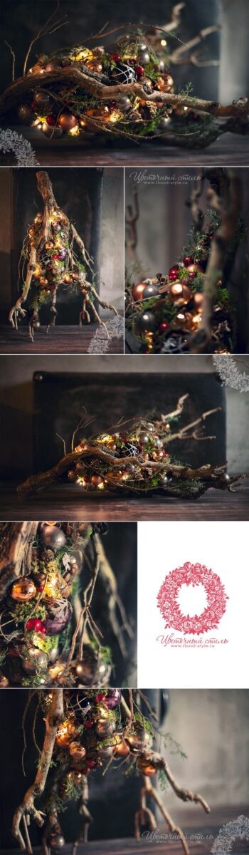 1. Füllen Sie den Raum zwischen den Zweigen mit Moos, Weihnachtskugeln und Lichtern. Sie könnten es als Tafelaufsatz verwenden oder es hängen lassen!