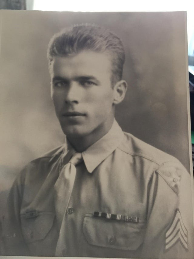 16. "A photo of my great grandfather during World War II. He is still alive today."