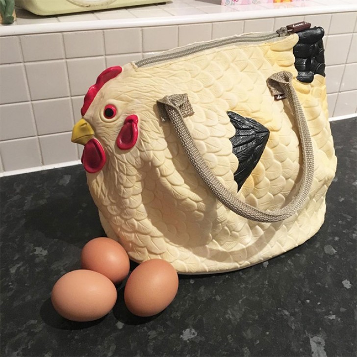 Ma mère vient de rentrer à la maison avec ce sac en forme de poule : il y avait trois œufs à l'intérieur ! Elle a osé.