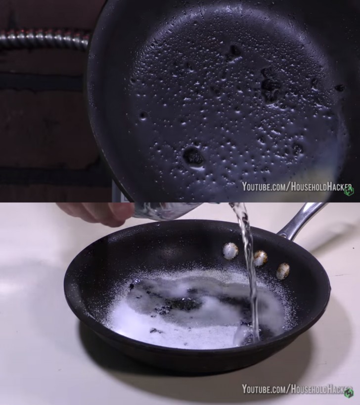 4. Quand une poêle s'abîme avec des incrustations de nourriture brûlée, il suffit de saupoudrer le fond avec beaucoup de sel, d'ajouter de l'eau et d'attendre pour enlever les incrustations