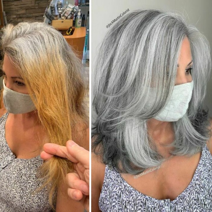 O cabelo grisalho dá um ar completamente diferente, fica muito elegante, não acha?