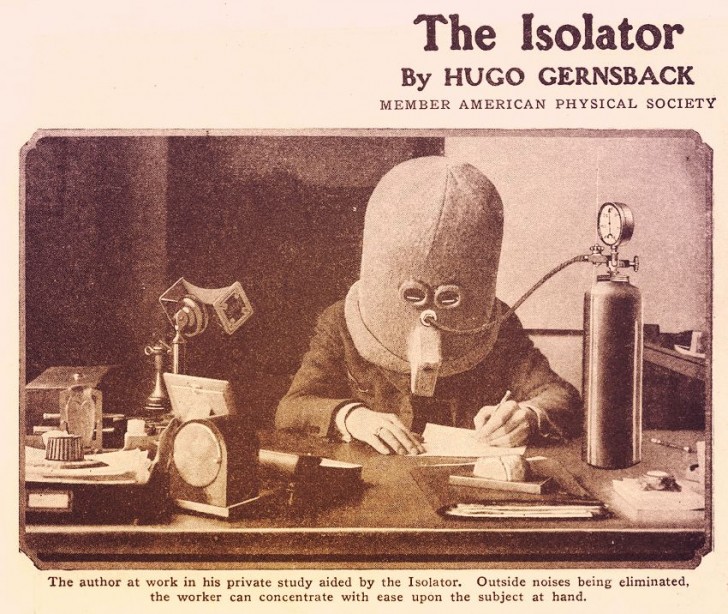 15. Le casque "Isolator", inventé par Hugo Gernsback pour favoriser la concentration en éliminant le bruit et les distractions. Plutôt inquiétant, vous ne trouvez pas ?