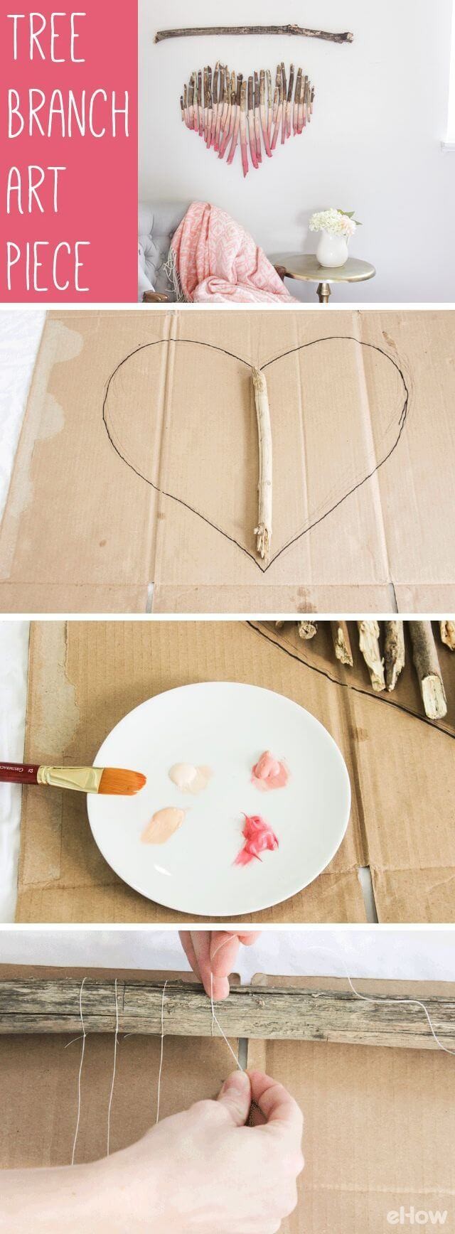 2. Legnetti secchi tagliati a varie lunghezze e poi dipinti con sfumature di rosa: un cuore che decora la parete con gusto