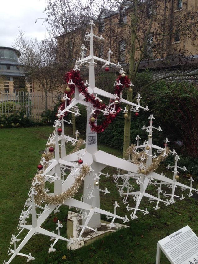 Ein Weihnachtsbaum, der neben der Mathematik-Fakultät einer Universität emporragt!